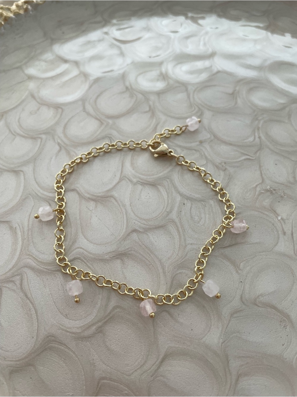 14k Gold Plated Chain Bracelet with Pink Rose Quartz Accents - Women Jewelry